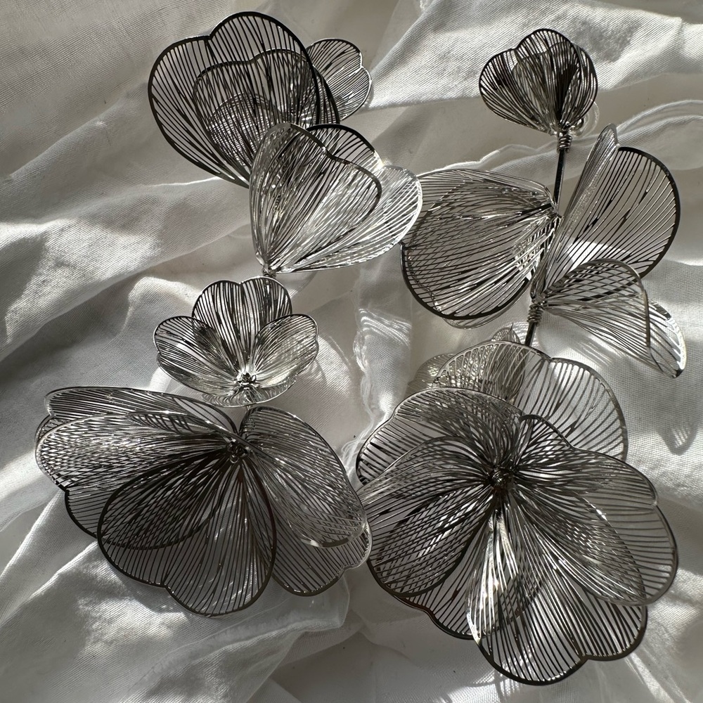 Silver Metal Flower Dangle Earrings